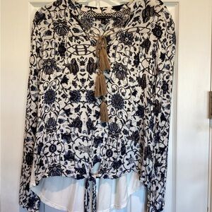 Signature Studio Navy Floral Tassel Blouse